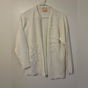 Vintage White Granny Sweater Glentex Hand Embroidered‎ Floral Cardigan L